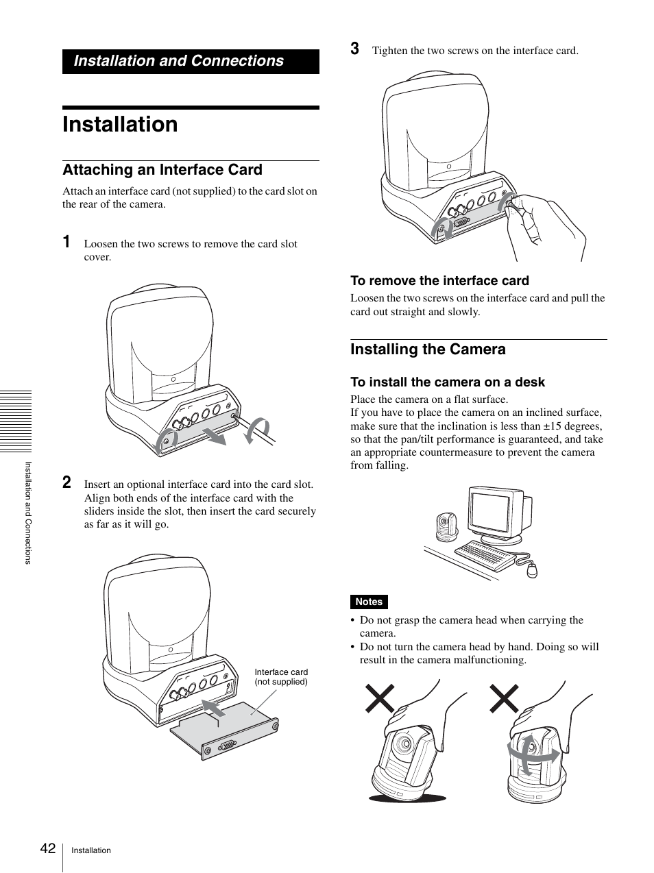 Installation and connections, Installation, Attaching an interface card | Installing the camera, Attaching an interface card installing the camera | Sony 3CCD COLOR BRC-300P User Manual | Page 42 / 68