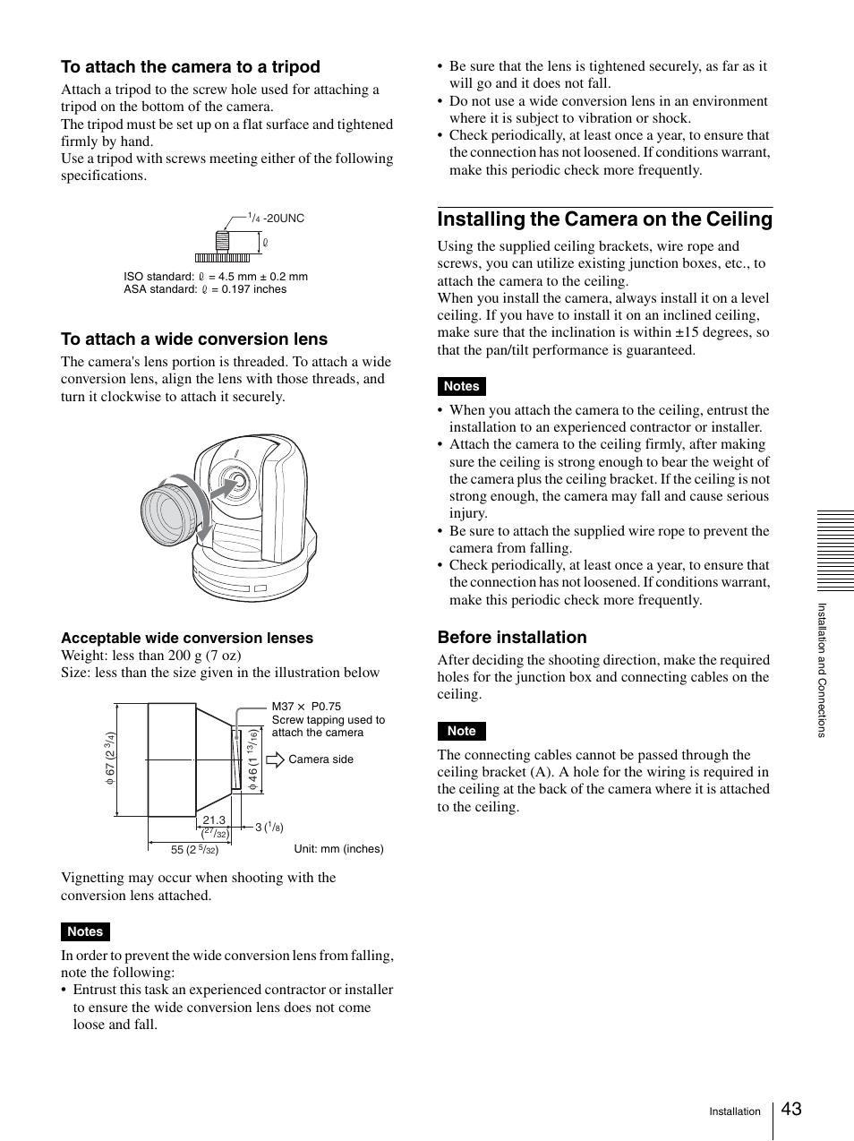 Installing the camera on the ceiling, Before installation | Sony 3CCD COLOR BRC-300P User Manual | Page 43 / 68