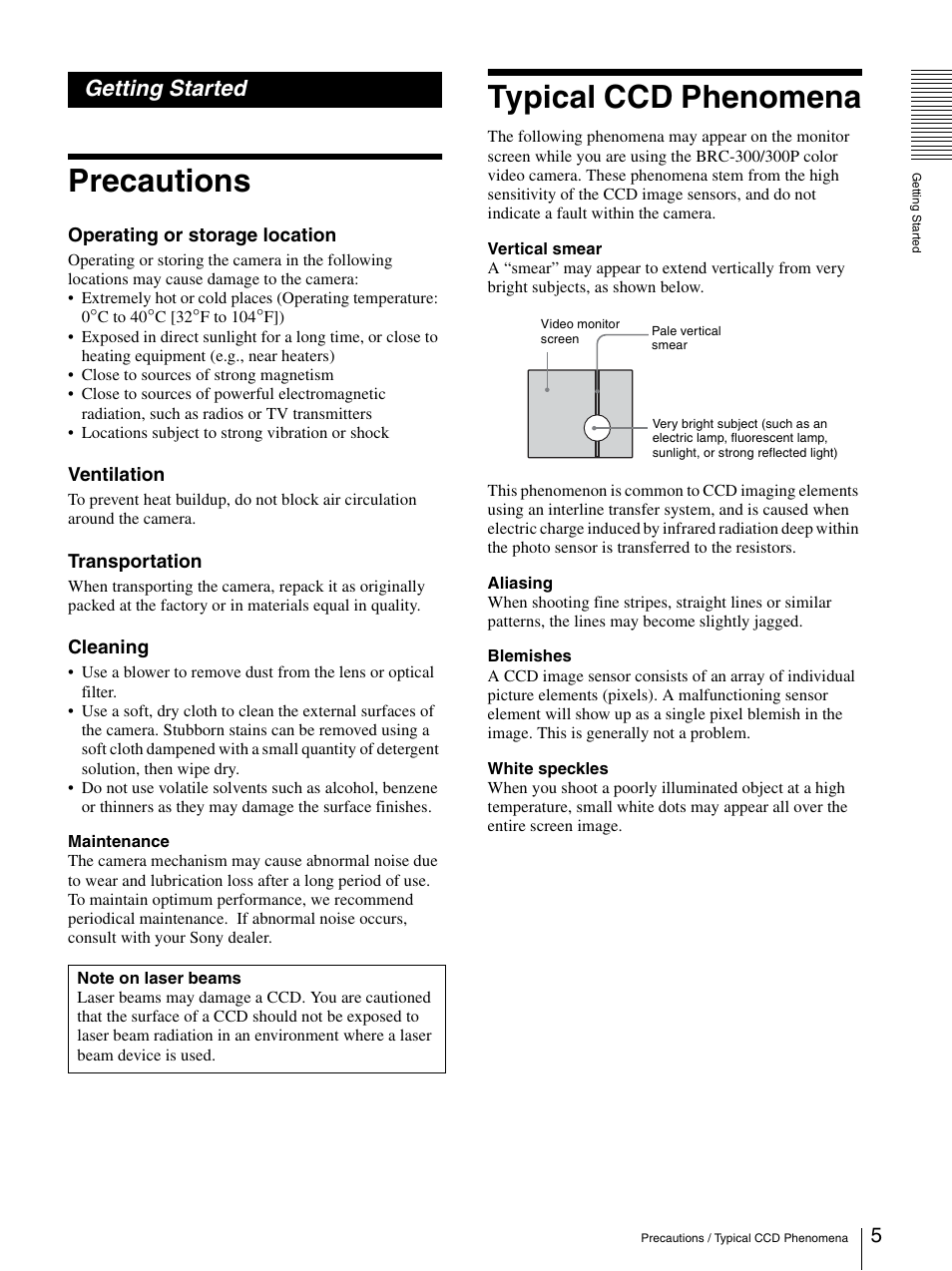 Getting started, Precautions, Typical ccd phenomena | Sony 3CCD COLOR BRC-300P User Manual | Page 5 / 68