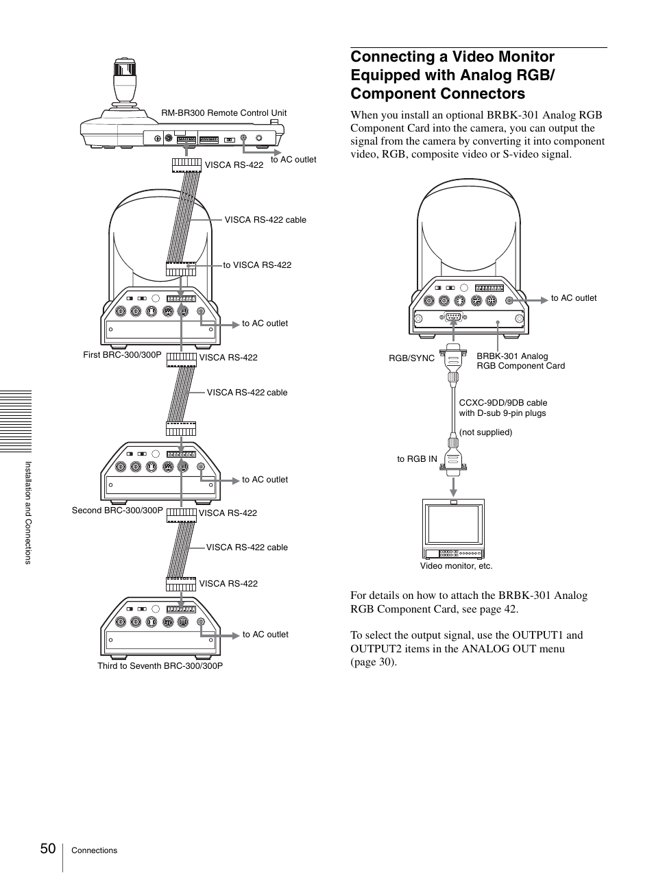 Connecting a video monitor equipped with, Analog rgb/component connectors | Sony 3CCD COLOR BRC-300P User Manual | Page 50 / 68