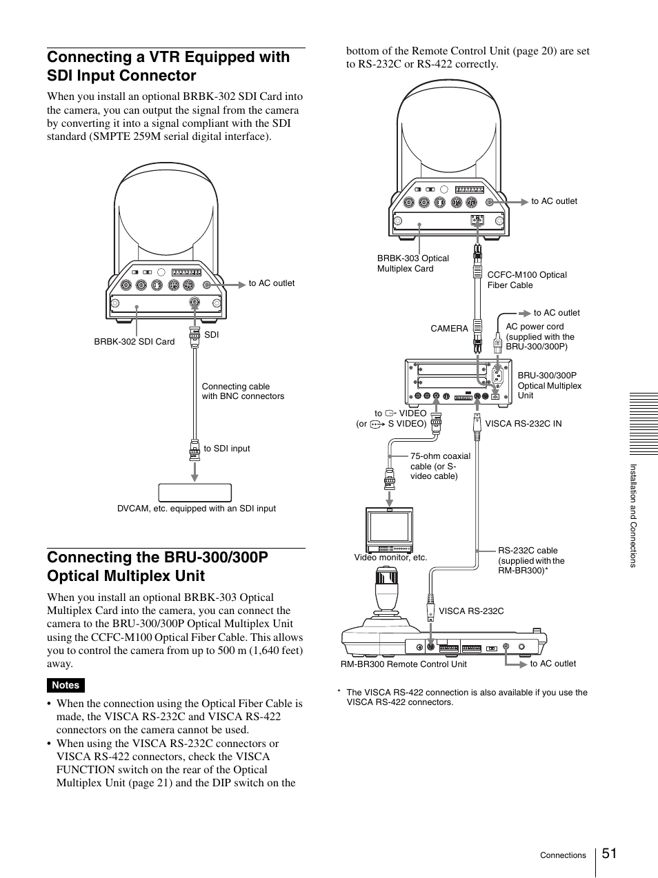 Connecting a vtr equipped with sdi input connector, Connecting the bru-300/300p optical multiplex unit, Connecting a vtr equipped with sdi input | Connector, Connecting the bru-300/300p optical multiplex, Unit | Sony 3CCD COLOR BRC-300P User Manual | Page 51 / 68