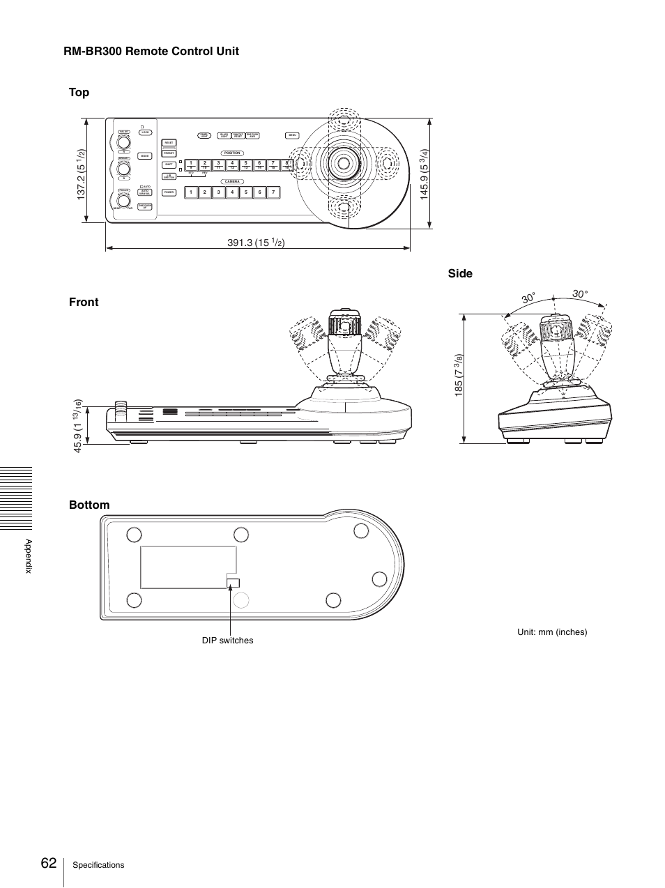 Rm-br300 remote control unit, Front bottom side top, Unit: mm (inches) | Dip switches | Sony 3CCD COLOR BRC-300P User Manual | Page 62 / 68