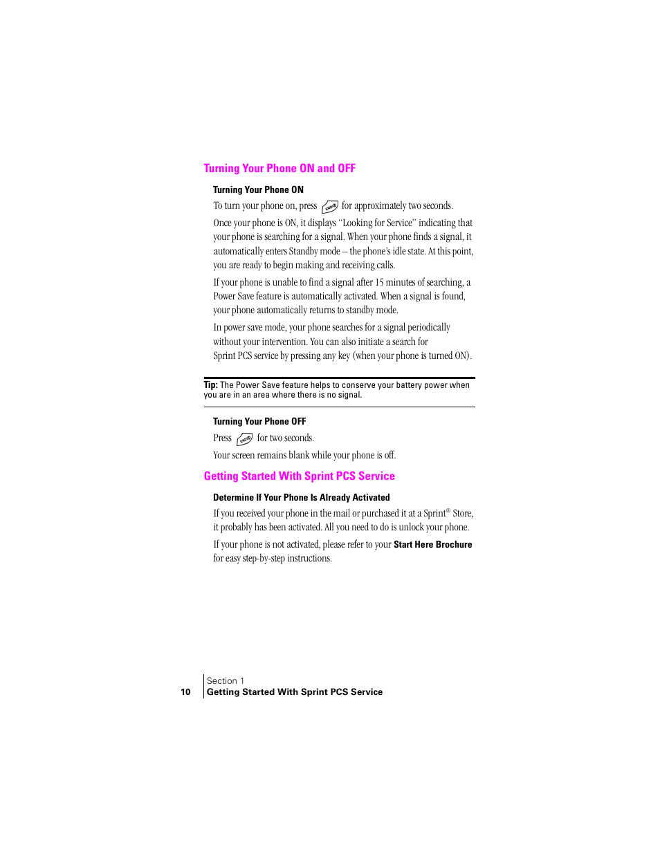 Turning your phone on and off, Turning your phone on, Turning your phone off | Getting started with sprint pcs service, Determine if your phone is already activated | Samsung SCH-N240 User Manual | Page 10 / 118