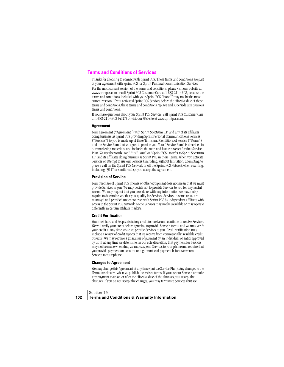 Terms and conditions of services, Agreement, Provision of service | Credit verification, Changes to agreement | Samsung SCH-N240 User Manual | Page 102 / 118