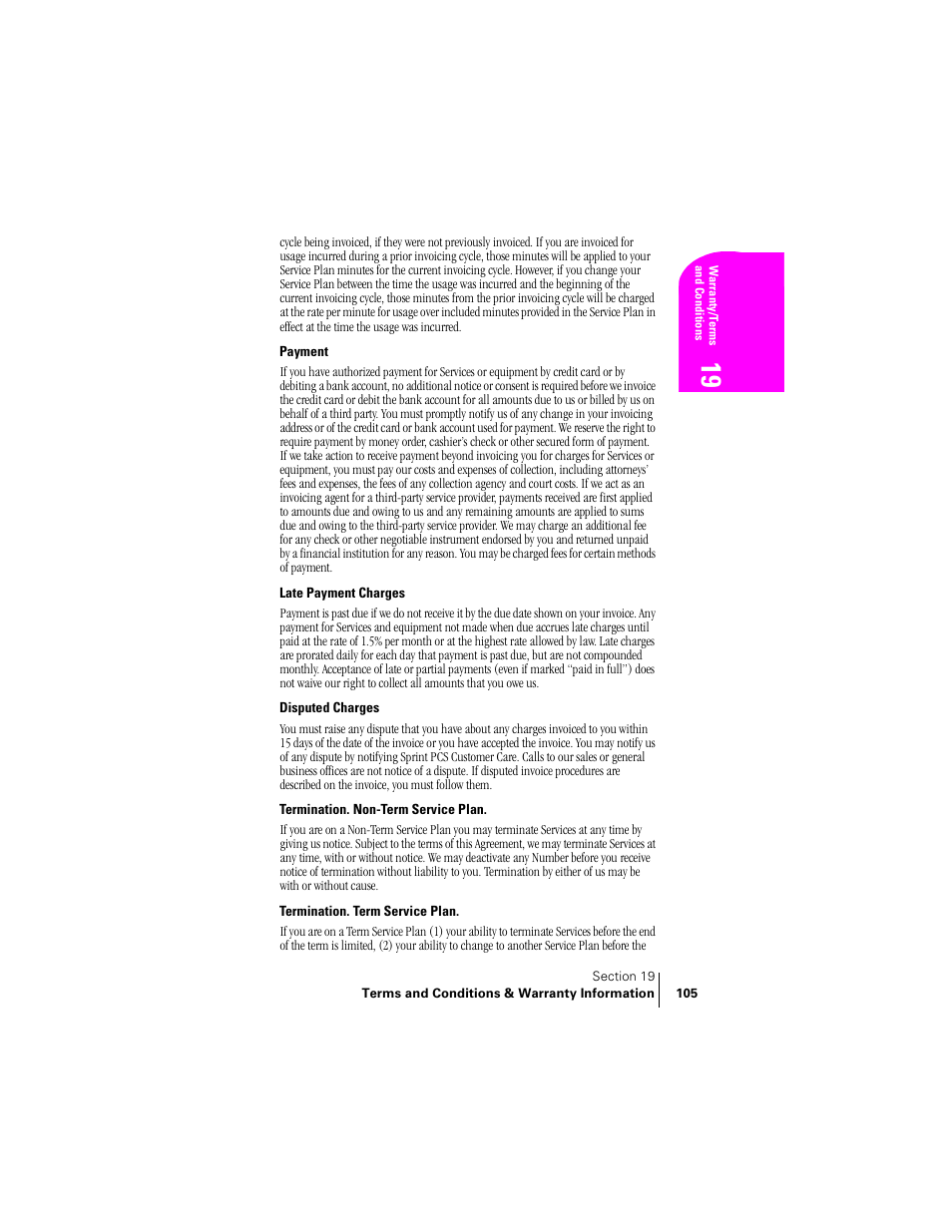 Payment, Late payment charges, Disputed charges | Termination. non-term service plan, Termination. term service plan | Samsung SCH-N240 User Manual | Page 105 / 118