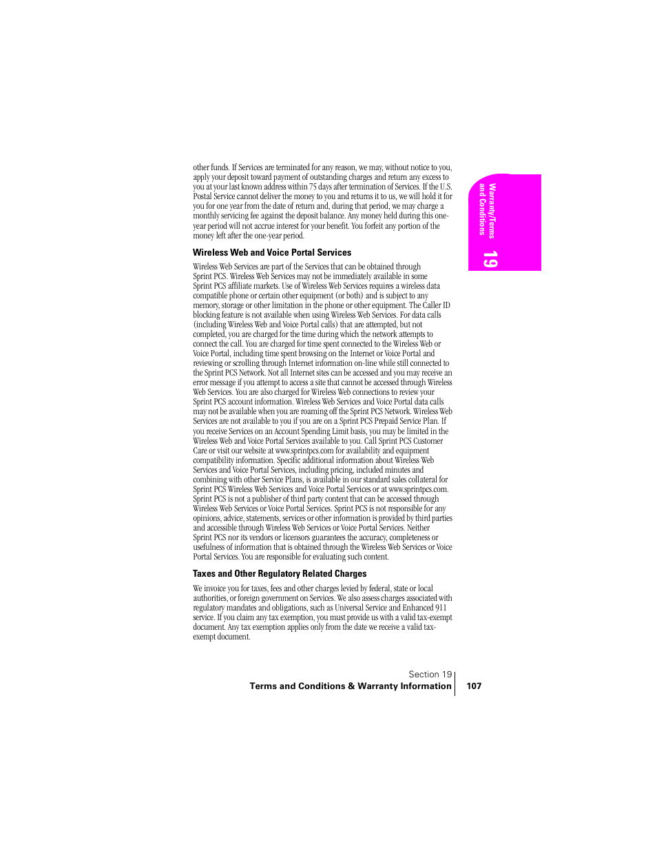 Wireless web and voice portal services, Taxes and other regulatory related charges | Samsung SCH-N240 User Manual | Page 107 / 118