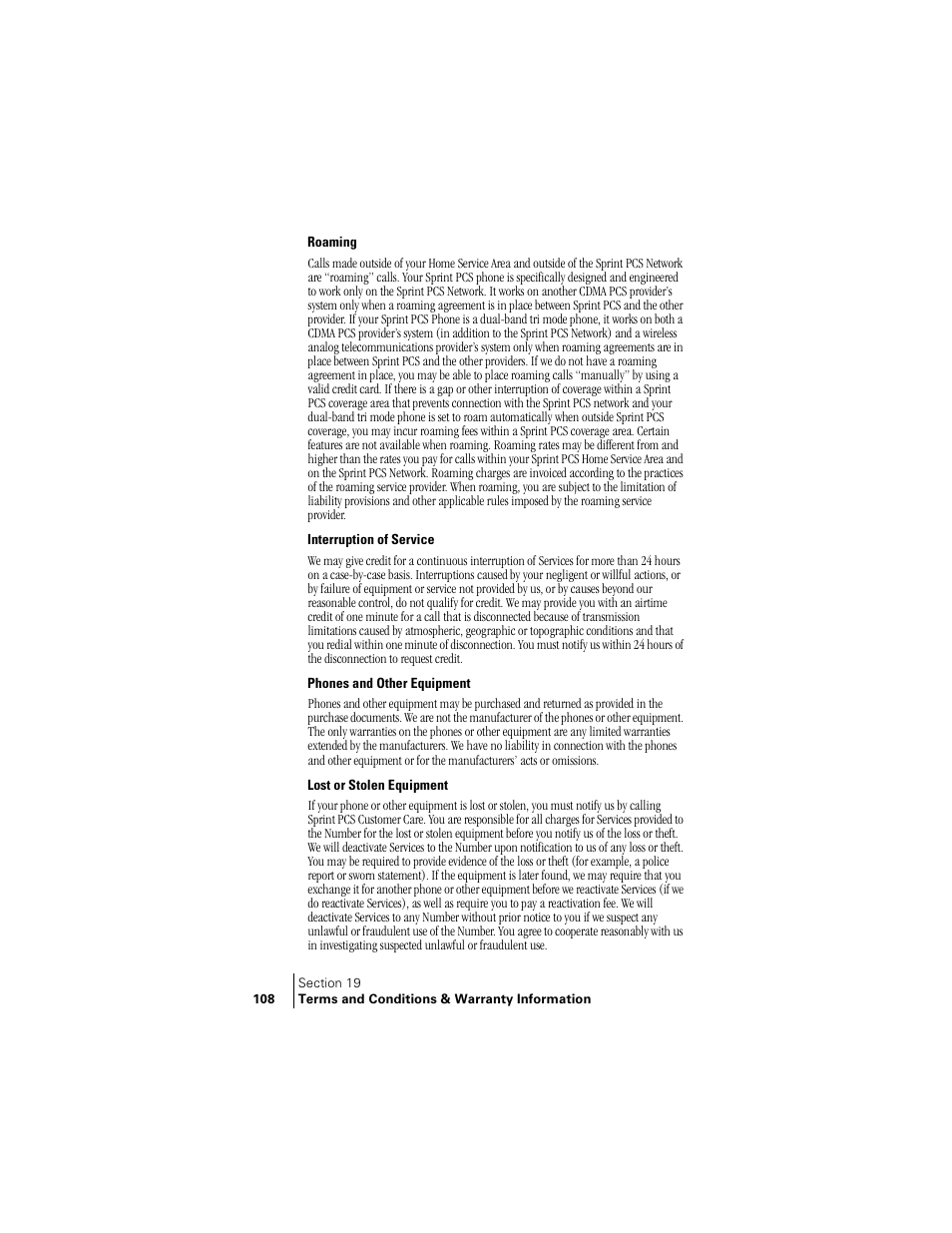 Roaming, Interruption of service, Phones and other equipment | Lost or stolen equipment | Samsung SCH-N240 User Manual | Page 108 / 118