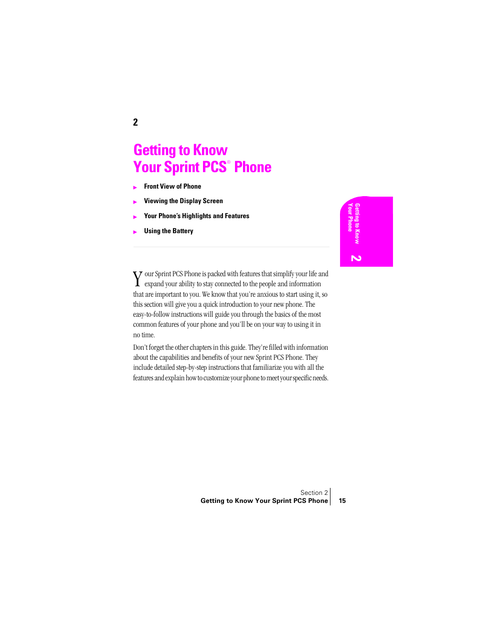 Getting to know your sprint pcs® phone, Getting to know your sprint pcs, Phone | Samsung SCH-N240 User Manual | Page 15 / 118