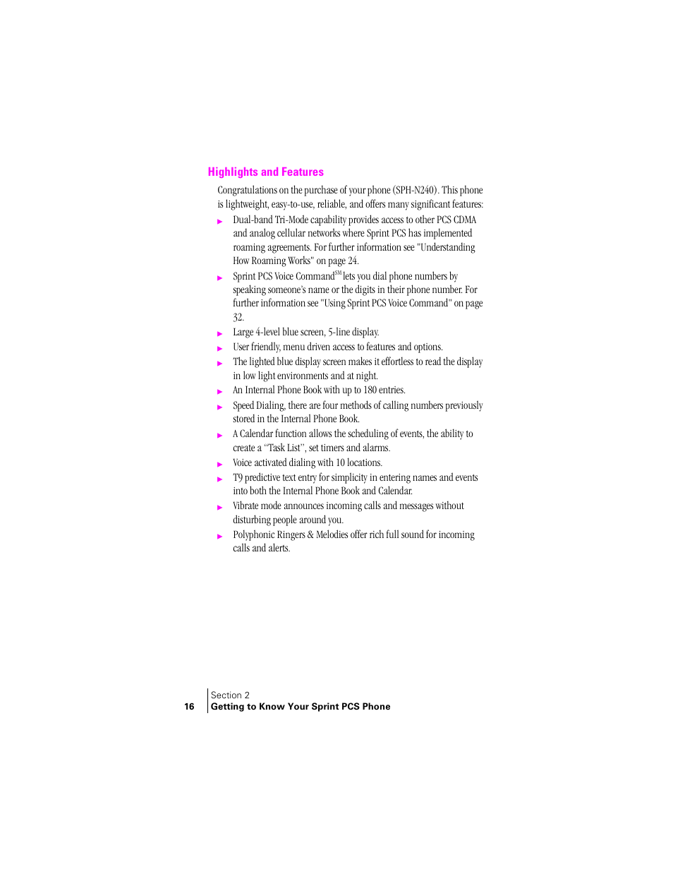 Highlights and features, Sprint pcs voice command, Large 4-level blue screen, 5-line display | An internal phone book with up to 180 entries, Voice activated dialing with 10 locations | Samsung SCH-N240 User Manual | Page 16 / 118