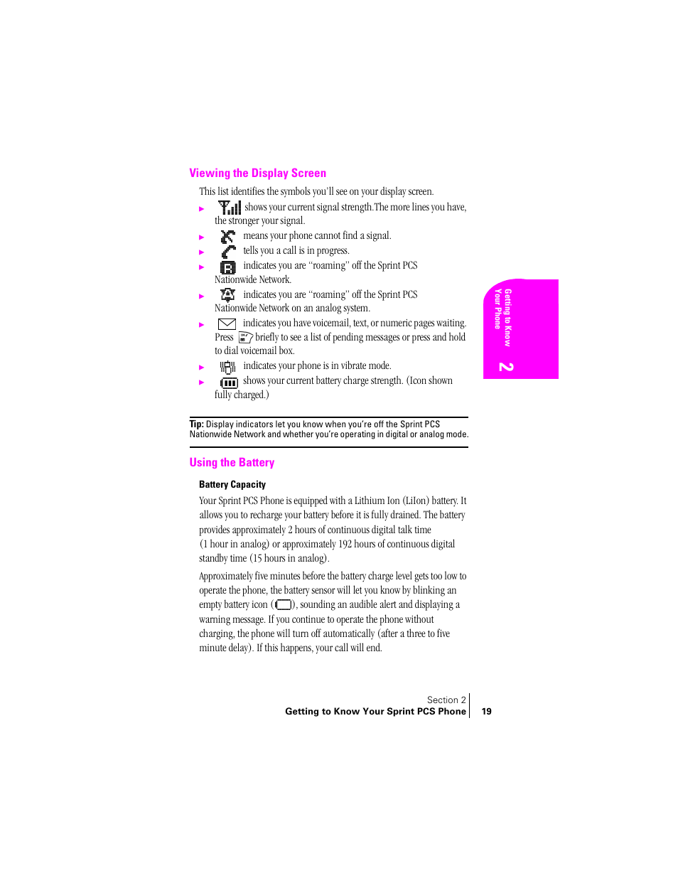 Viewing the display screen, Using the battery, Battery capacity | Samsung SCH-N240 User Manual | Page 19 / 118