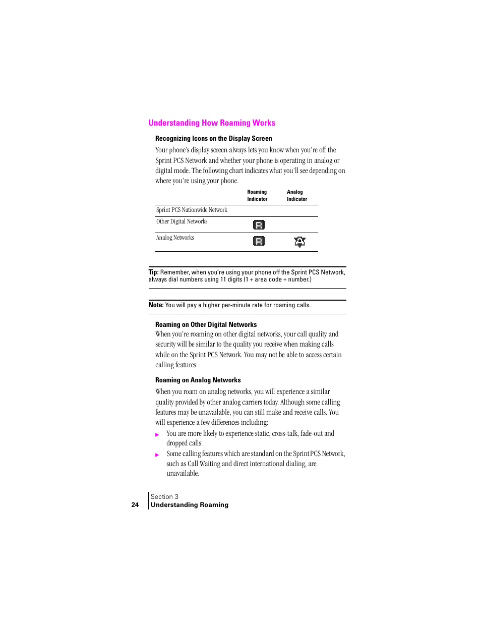 Understanding how roaming works, Recognizing icons on the display screen, Roaming on other digital networks | Roaming on analog networks | Samsung SCH-N240 User Manual | Page 24 / 118