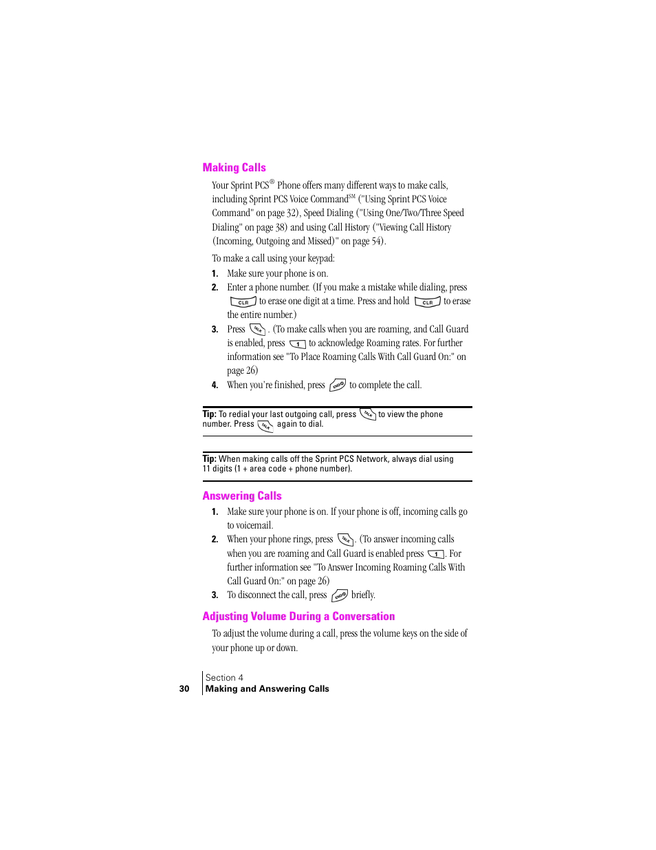 Making calls, Answering calls, Adjusting volume during a conversation | Samsung SCH-N240 User Manual | Page 30 / 118