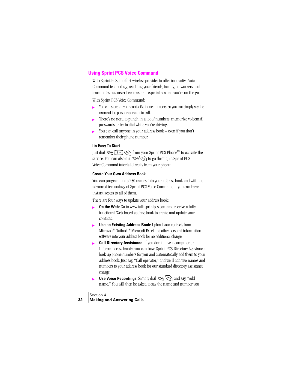 Using sprint pcs voice command, It’s easy to start, Create your own address book | Using sprint pcs voice | Samsung SCH-N240 User Manual | Page 32 / 118
