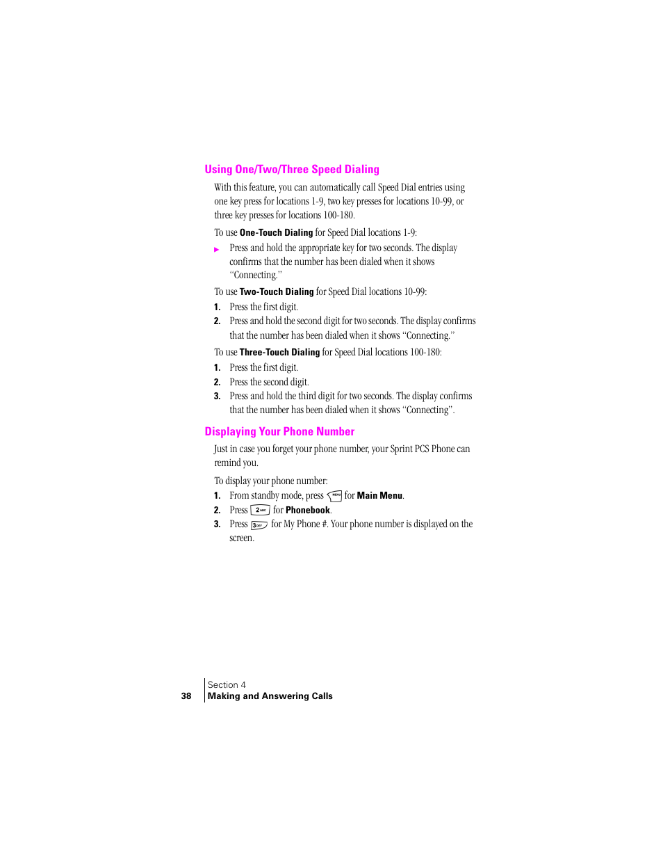 Using one/two/three speed dialing, Displaying your phone number | Samsung SCH-N240 User Manual | Page 38 / 118
