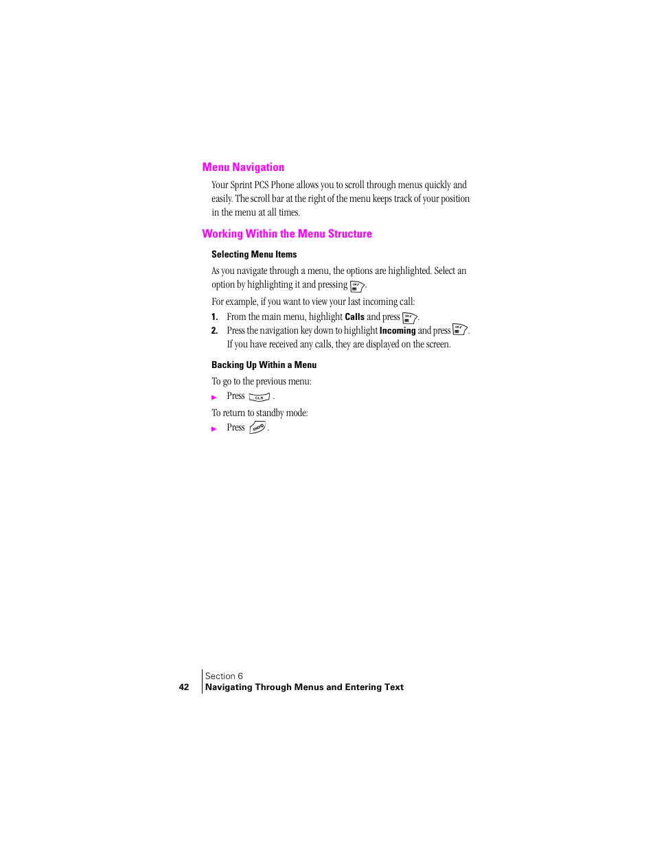 Menu navigation, Working within the menu structure, Selecting menu items | Backing up within a menu | Samsung SCH-N240 User Manual | Page 42 / 118
