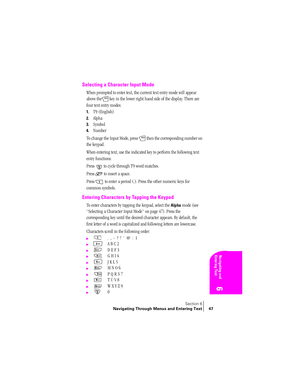 Selecting a character input mode, Entering characters by tapping the keypad | Samsung SCH-N240 User Manual | Page 47 / 118