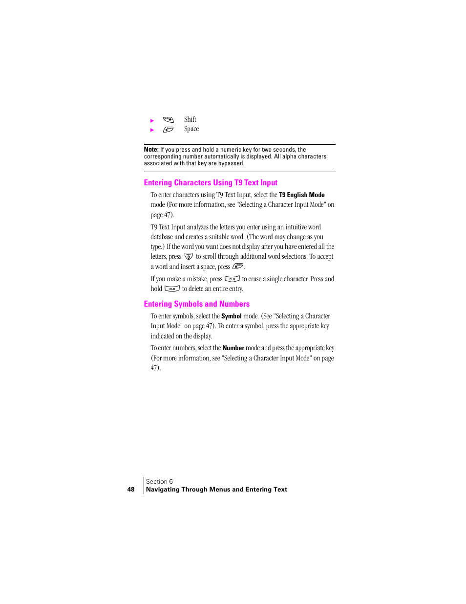 Entering characters using t9 text input, Entering symbols and numbers | Samsung SCH-N240 User Manual | Page 48 / 118