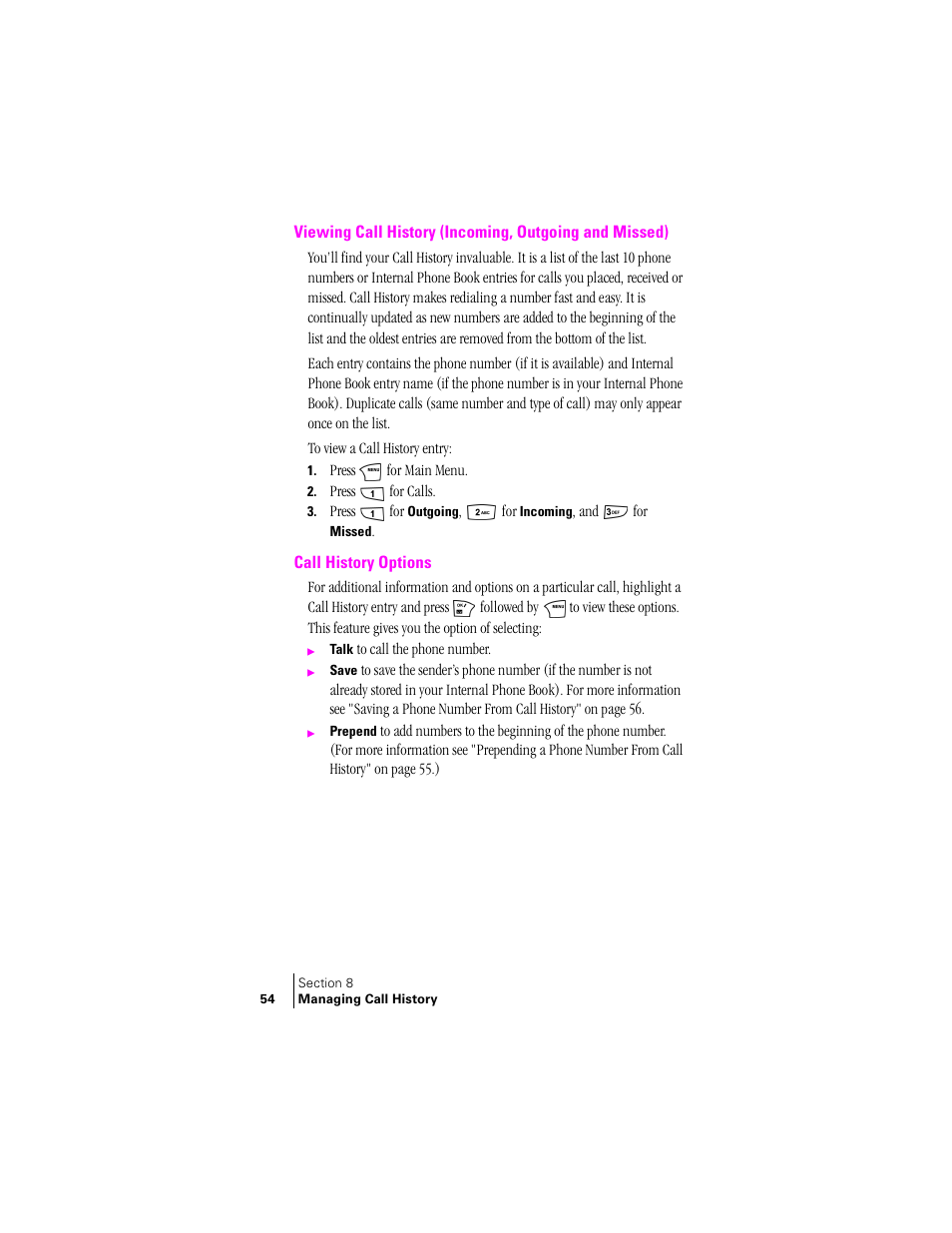 Call history options | Samsung SCH-N240 User Manual | Page 54 / 118
