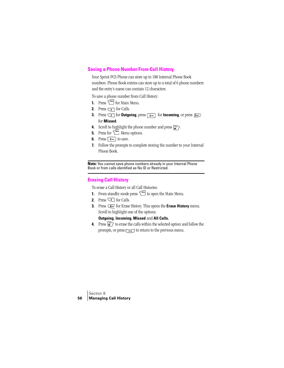 Saving a phone number from call history, Erasing call history | Samsung SCH-N240 User Manual | Page 56 / 118