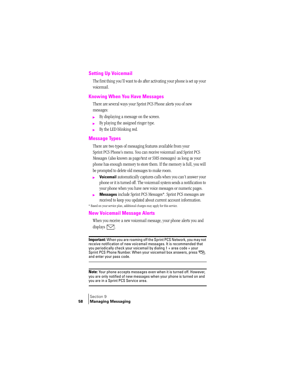 Setting up voicemail, Knowing when you have messages, Message types | New voicemail message alerts | Samsung SCH-N240 User Manual | Page 58 / 118