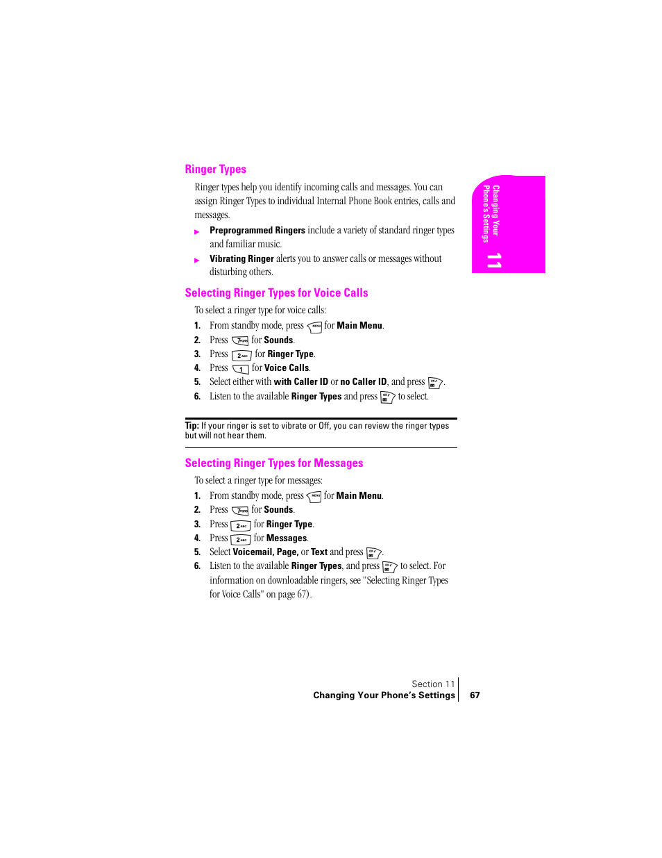 Ringer types, Selecting ringer types for voice calls, Selecting ringer types for messages | Samsung SCH-N240 User Manual | Page 67 / 118