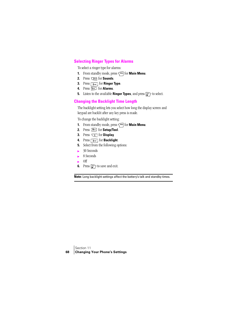 Selecting ringer types for alarms, Changing the backlight time length | Samsung SCH-N240 User Manual | Page 68 / 118