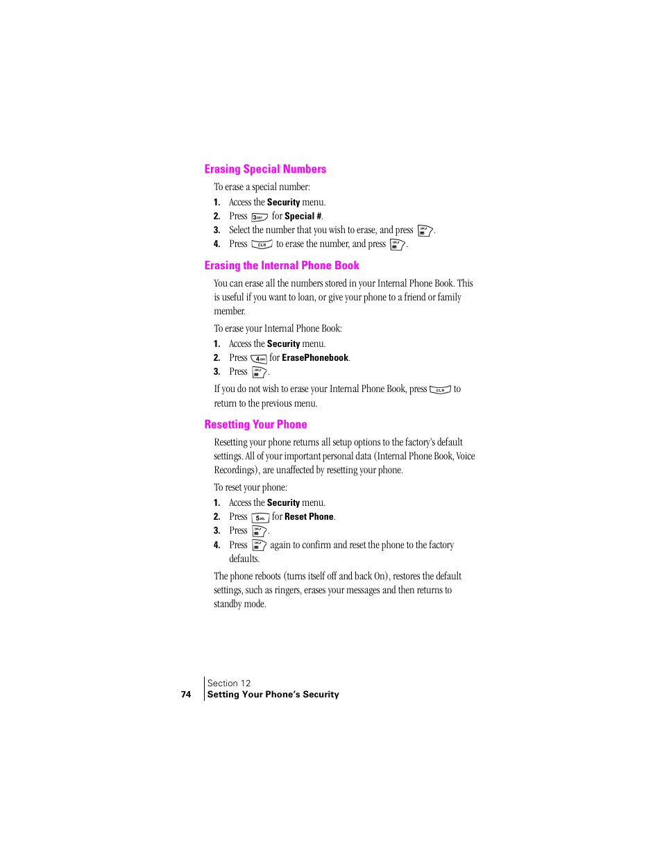 Erasing special numbers, Erasing the internal phone book, Resetting your phone | Samsung SCH-N240 User Manual | Page 74 / 118