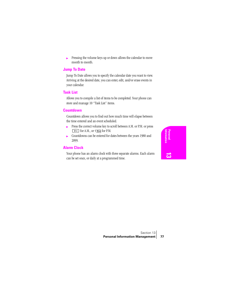 Jump to date, Task list, Countdown | Alarm clock | Samsung SCH-N240 User Manual | Page 77 / 118