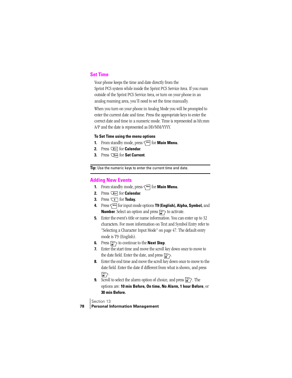 Set time, To set time using the menu options, Adding new events | Samsung SCH-N240 User Manual | Page 78 / 118