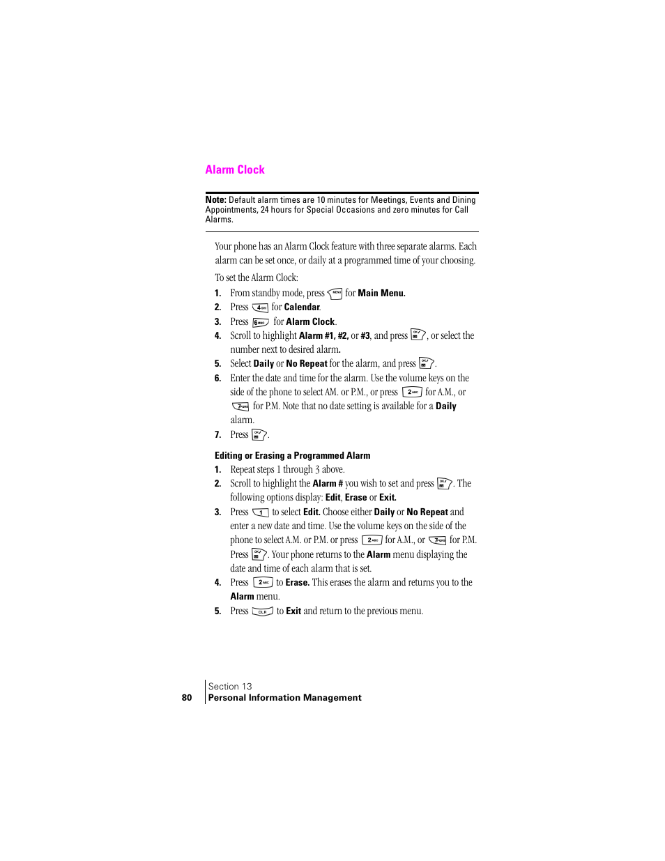 Alarm clock, Editing or erasing a programmed alarm | Samsung SCH-N240 User Manual | Page 80 / 118