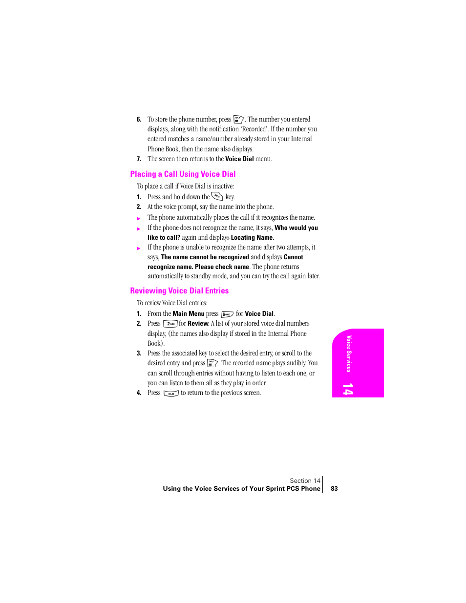Placing a call using voice dial, Reviewing voice dial entries | Samsung SCH-N240 User Manual | Page 83 / 118