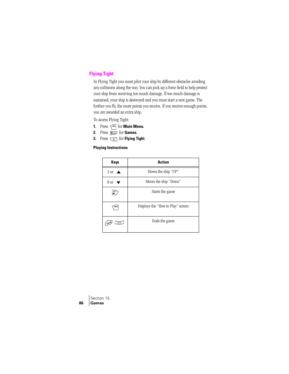 Flying tight, Playing instructions | Samsung SCH-N240 User Manual | Page 86 / 118