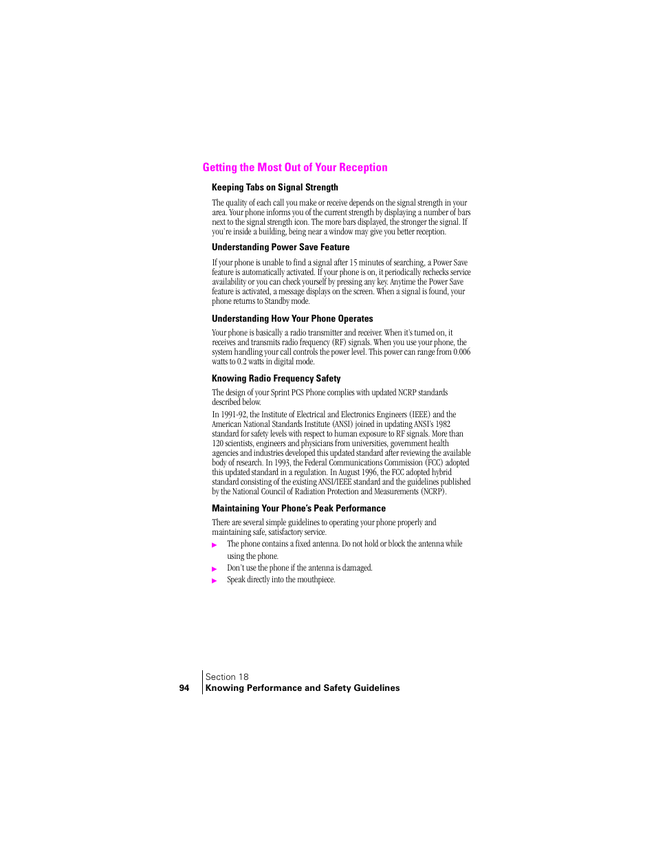 Getting the most out of your reception, Keeping tabs on signal strength, Understanding power save feature | Understanding how your phone operates, Knowing radio frequency safety, Maintaining your phone’s peak performance | Samsung SCH-N240 User Manual | Page 94 / 118