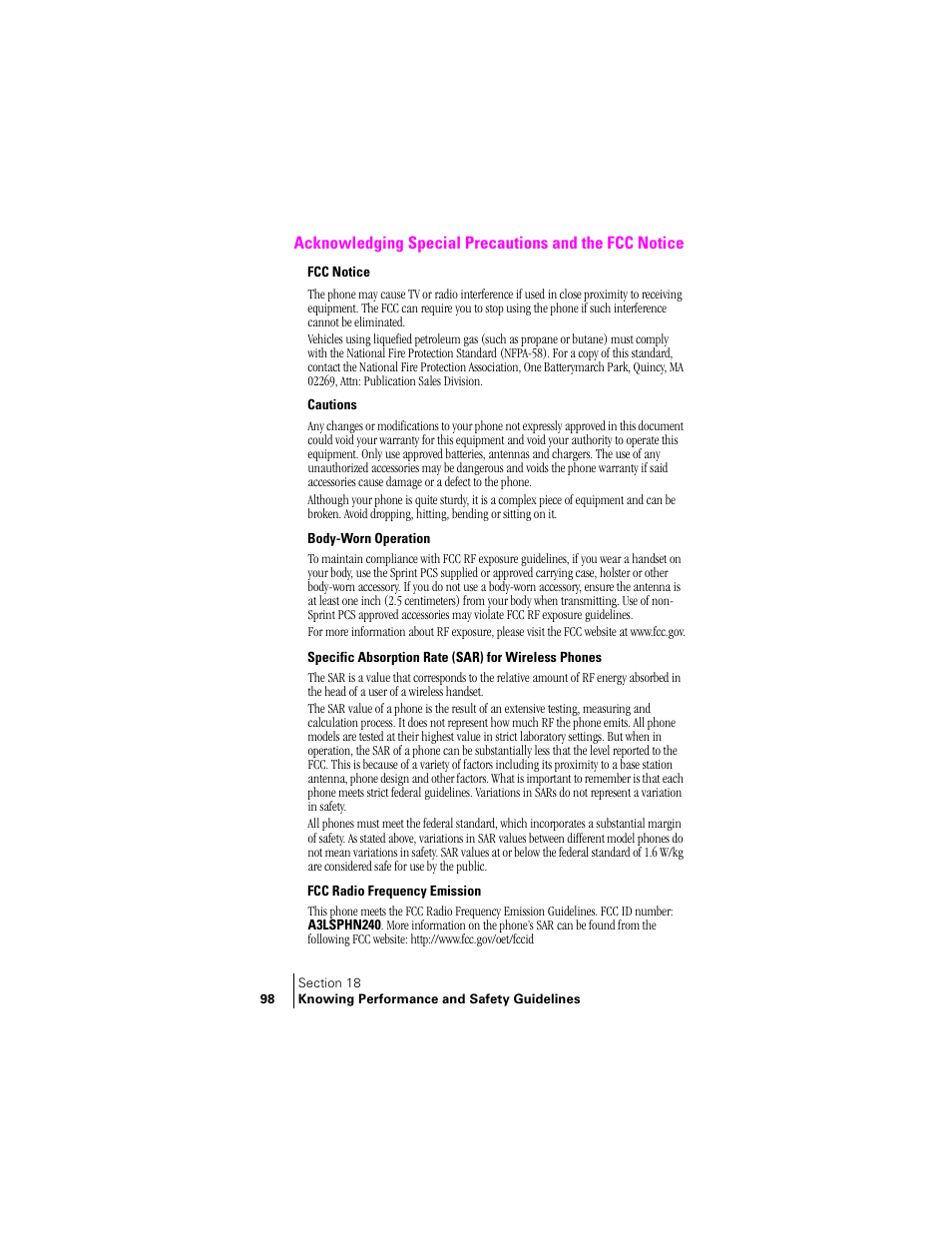 Fcc notice, Cautions, Body-worn operation | Specific absorption rate (sar) for wireless phones, Fcc radio frequency emission | Samsung SCH-N240 User Manual | Page 98 / 118