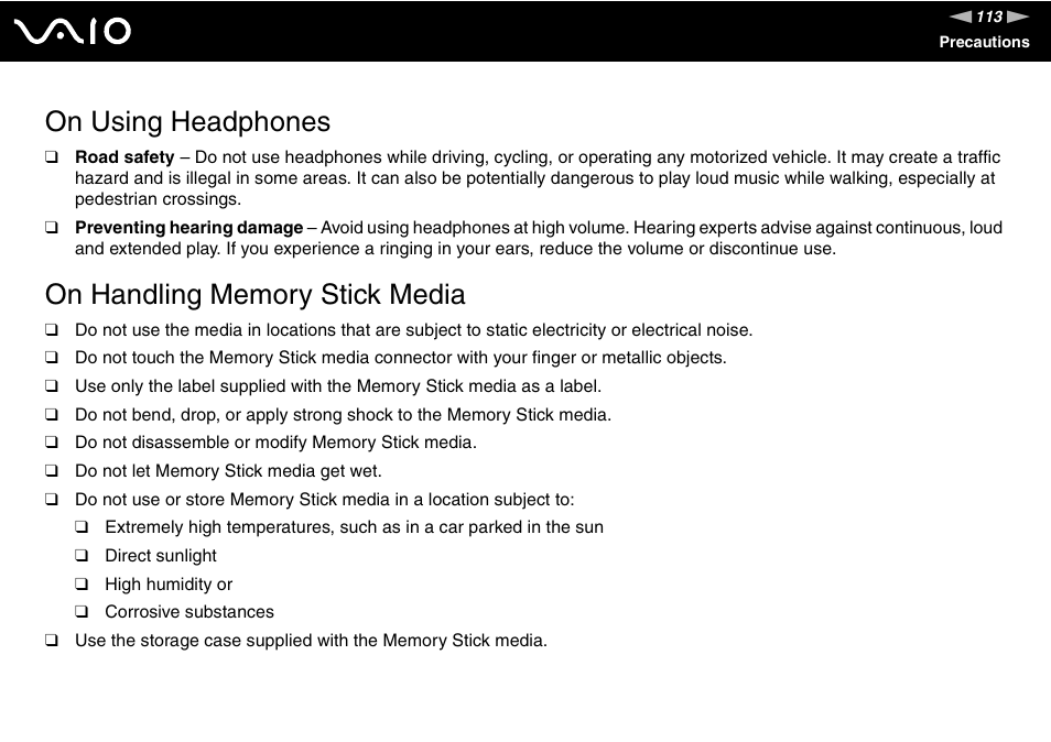 On using headphones, On handling memory stick media | Sony VGN-TX00 User Manual | Page 113 / 177