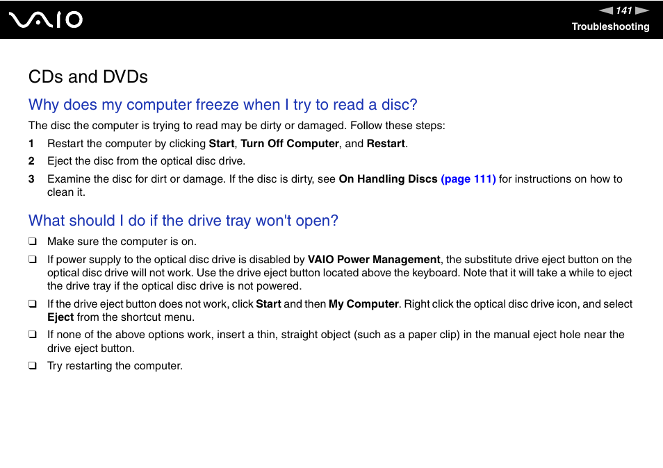 Cds and dvds, What should i do if the drive tray won't open | Sony VGN-TX00 User Manual | Page 141 / 177