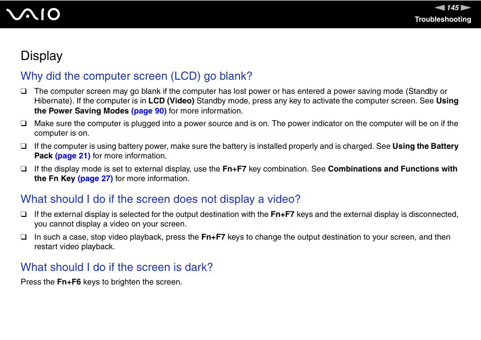 Display, Why did the computer screen (lcd) go blank, What should i do if the screen is dark | Sony VGN-TX00 User Manual | Page 145 / 177