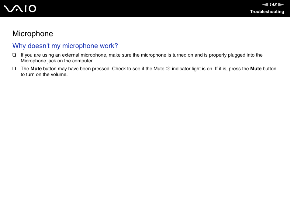 Microphone, Why doesn't my microphone work | Sony VGN-TX00 User Manual | Page 148 / 177