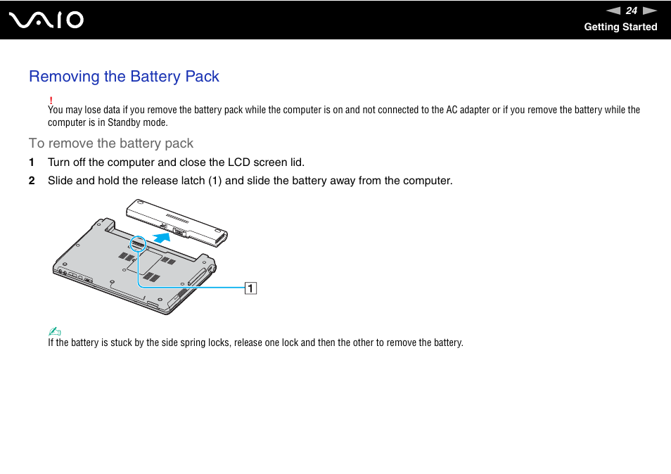 Removing the battery pack | Sony VGN-TX00 User Manual | Page 24 / 177