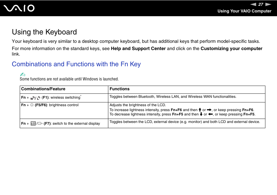 Using the keyboard, Combinations and functions with the fn key | Sony VGN-TX00 User Manual | Page 27 / 177