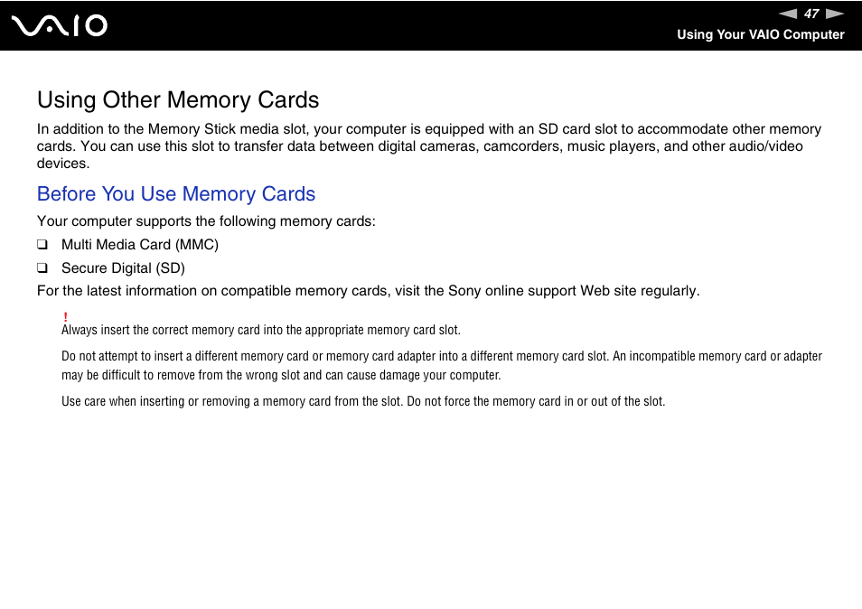 Using other memory cards | Sony VGN-TX00 User Manual | Page 47 / 177