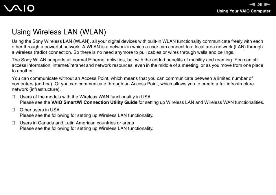 Using wireless lan (wlan) | Sony VGN-TX00 User Manual | Page 50 / 177