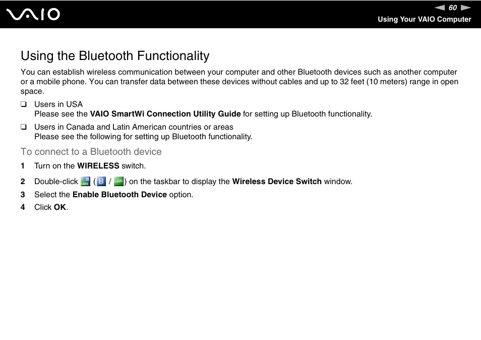 Using the bluetooth functionality | Sony VGN-TX00 User Manual | Page 60 / 177