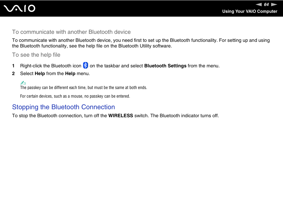 Stopping the bluetooth connection | Sony VGN-TX00 User Manual | Page 64 / 177