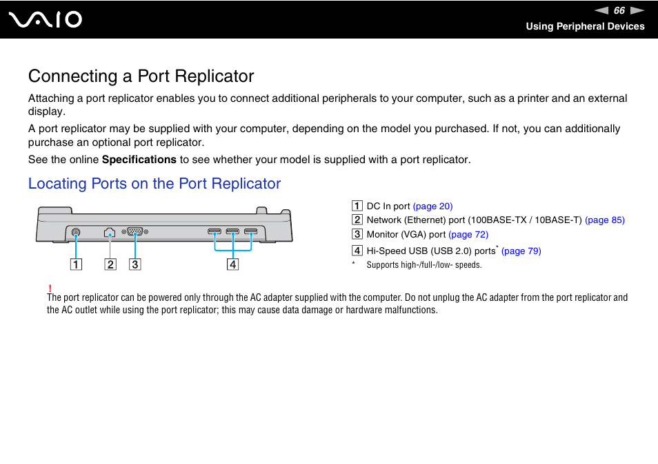 Connecting a port replicator, Locating ports on the port replicator | Sony VGN-TX00 User Manual | Page 66 / 177