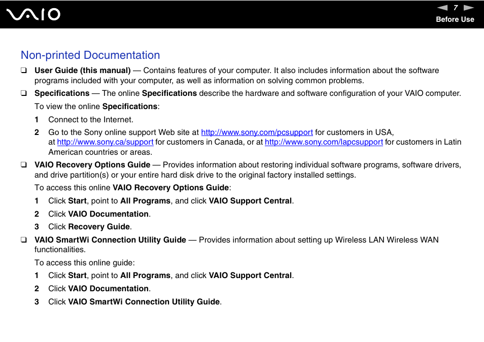 Non-printed documentation | Sony VGN-TX00 User Manual | Page 7 / 177
