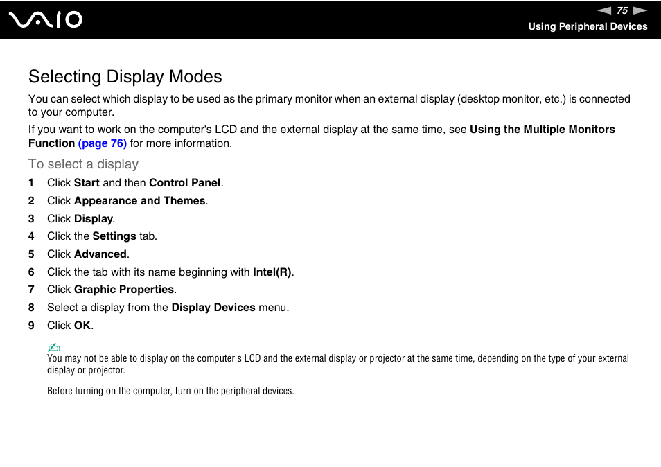 Selecting display modes | Sony VGN-TX00 User Manual | Page 75 / 177