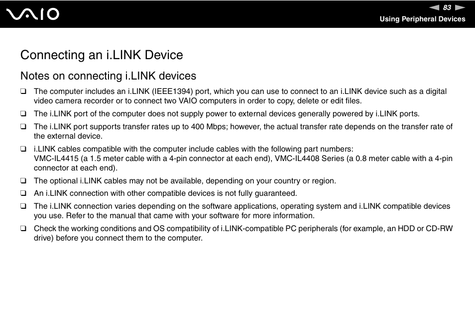 Connecting an i.link device | Sony VGN-TX00 User Manual | Page 83 / 177