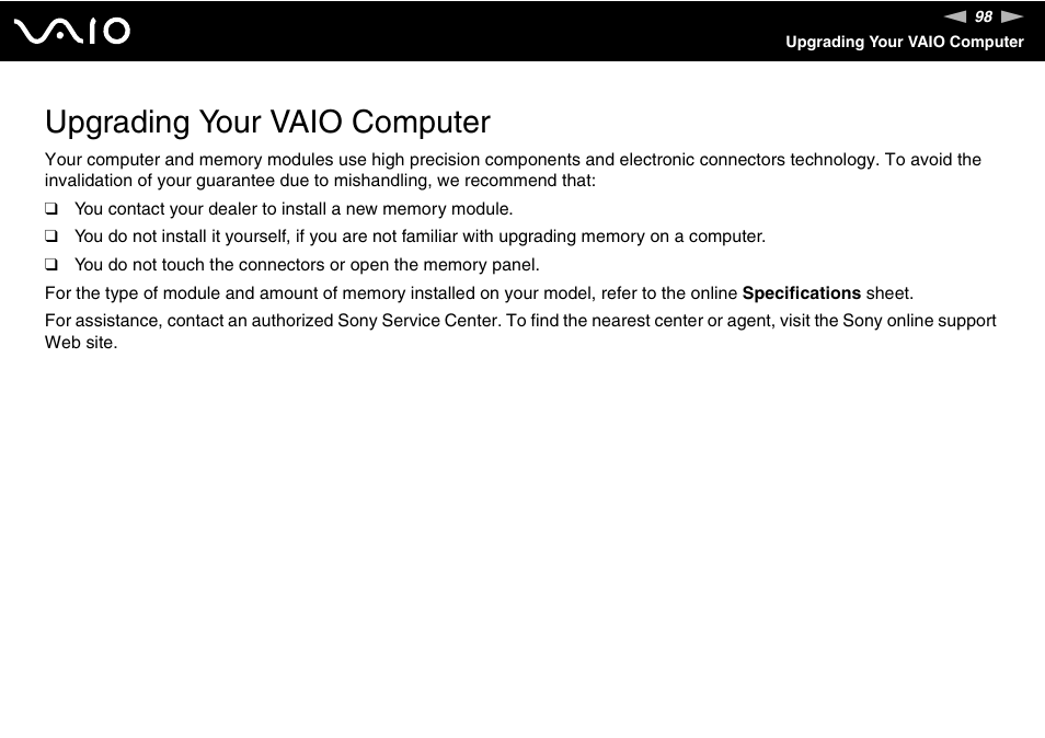 Upgrading your vaio computer | Sony VGN-TX00 User Manual | Page 98 / 177