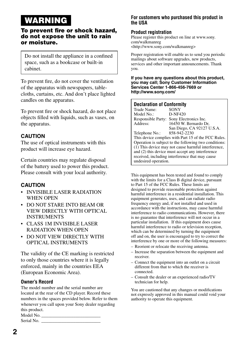 Warning | Sony D-NF420 User Manual | Page 2 / 39